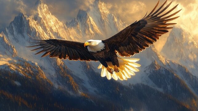 Majestic bald eagle soaring with wings fully spread against dramatic snow-capped rugged mountain peaks during golden sunset - Powered by Adobe