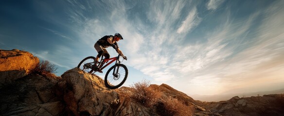 The Mountain Biker Descends Rocky Ridge At Sunset In Dramatic Wide Landscape