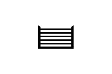 Flat geometric icon with six horizontal bars in a black frame featuring angular top corners on white