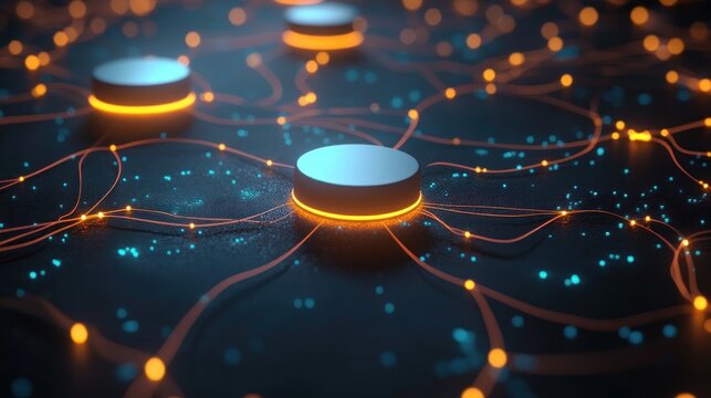 Glowing circular nodes connected by illuminated orange lines on a dark surface with scattered small blue lights, creating a futuristic network visualization