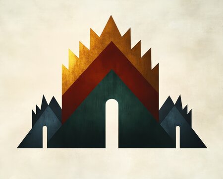 Abstract geometric shapes resembling stylized mountain peaks with arch-like openings in black, dark green, red, and golden yellow on a textured off-white background - Powered by Adobe