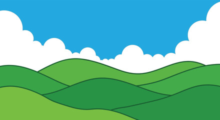 Obraz premium Simple cartoon illustration of rolling green hills under a bright blue sky with fluffy white clouds