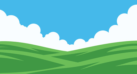 Vibrant green rolling hills under a bright blue sky with fluffy white clouds