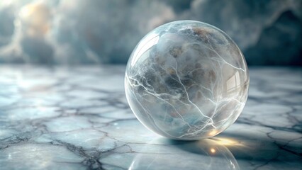 A translucent sphere rests on a cool, veined surface, reflecting ambient light.