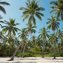 Obraz premium Idyllic beach scene with a dense forest of palm trees swaying gently under a clear blue sky, creating a perfect tropical paradise getaway