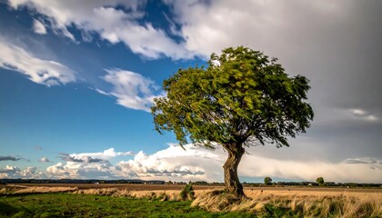Single windswept tree under dynamic clouds over a vast field