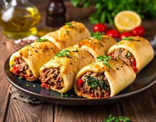Baked pastry rolls filled with seasoned meat and vegetables on a plate