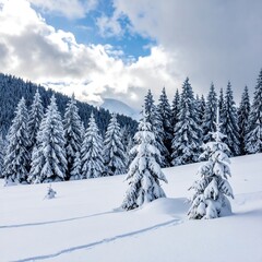 Snowy scene of evergreen trees and a mountain under a cloudy blue sky