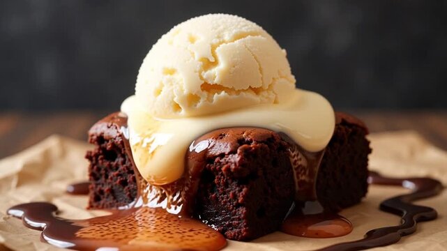 Decadent chocolate brownie topped with creamy vanilla ice cream and rich chocolate sauce, a perfect dessert indulgence for any sweet craving
