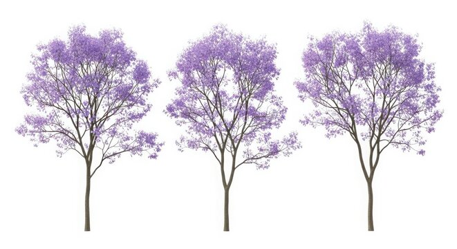 Three blooming jacaranda trees with delicate purple flowers isolated on white background