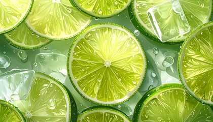 Sliced limes with water droplets and ice cubes on a textured background