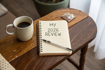 Journal and coffee on a wooden table reviewing 2026 plans