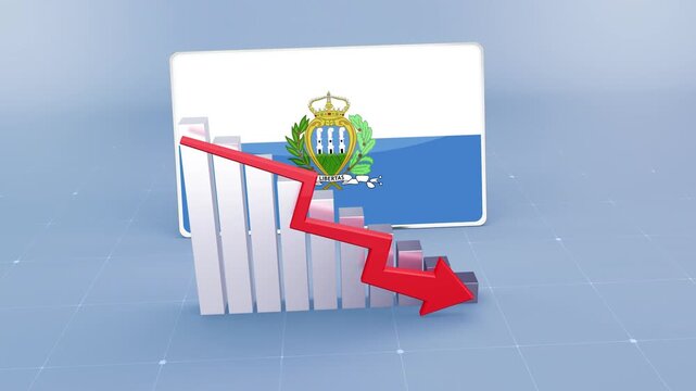 San Marino Flag and Bar Chart Graph Showing Decreasing Values a Red Arrow Economic Crisis Concept