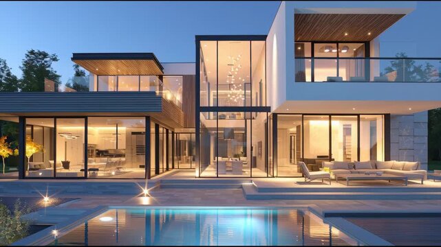 Luxurious Modern House Exterior at Twilight with Infinity Pool and Dramatic Lighting