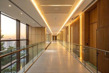 Long modern hallway with glass railings and soft golden lighting