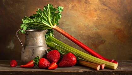 Still life of fresh rhubarb, strawberries, and metal pitcher on wood
