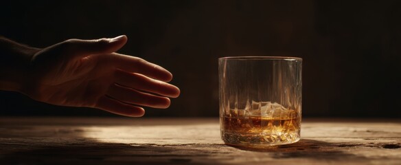 The whiskey glass on a rustic wooden table with a reaching hand