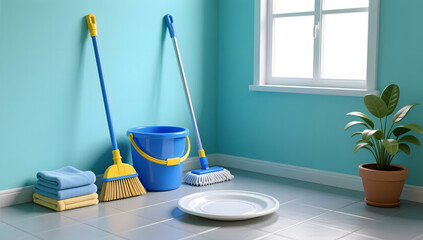 Blue and yellow janitorial tools in a bright room