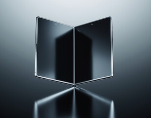 A modern foldable smartphone mock-up is half-opened at a 45-degree angle, showcasing its flexible display against a dark, reflective black-to-silver gradient background. The dynamic composition highli