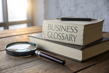 Magnifying glass examining a business book on a wooden desk