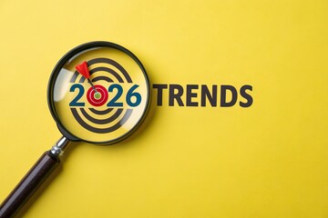 Magnifying Glass Focusing on 2026 Trends on Yellow Background