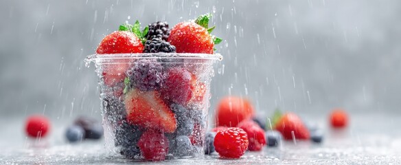 The Mixed Berries Cup in Rain with Water Droplets and Fresh Strawberries