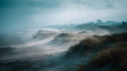 Fototapeta premium Atmospheric and moody scene of windswept sand dunes enveloped in mist and haze under a dramatic cloudy sky