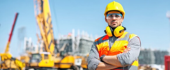 The construction worker standing confidently at a busy urban construction site with cranes