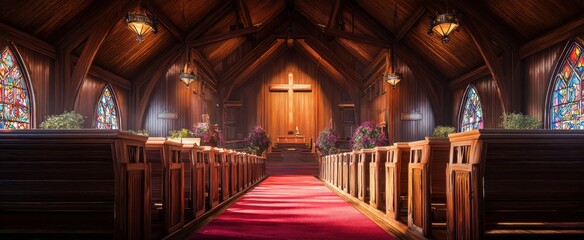 The Church Interior with Wooden Pews, Red Aisle Carpet and Illuminated Altar