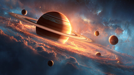 Saturn floating in the vastness of deep space, showcasing its majestic rings and orbiting moons. The scene captures the cosmic elegance of the gas giant, with intricate details on the planetary surfac