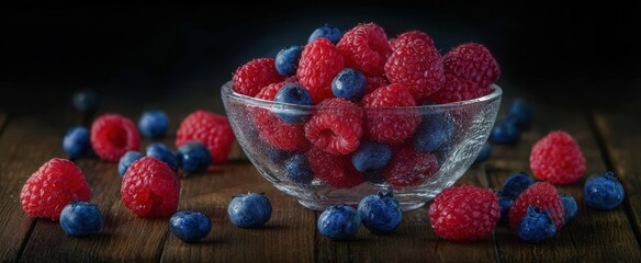 The Glass Bowl of Raspberries and Blueberries on a Rustic Wooden Table