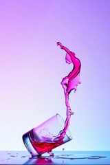A dynamic splash of bright pink and purple liquid forming a stylized human figure against a vibrant gradient background