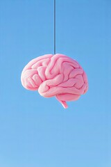 A surreal photo of a pink anatomical brain model hanging from a thread against a simple bright blue sky background