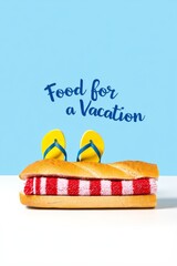 A baguette wearing yellow flip-flops on a red and white striped towel with the text food for a vacation