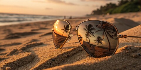 Close-up of sunglasses on the sand reflecting a beautiful sunset scene with palm trees on a tropical beach