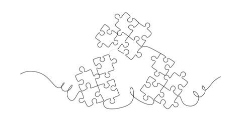 Continuous single line drawing of four puzzle pieces. Problem solving and solution business metaphor. One line drawing of puzzle piece for idea  business  thinking process  creativity.
