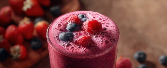The Smoothie Topped with Fresh Raspberries Blueberries and Frothy Pink Foam