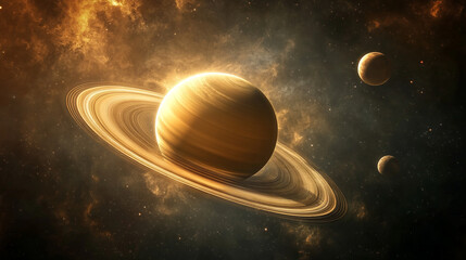 Saturn floating in the vastness of deep space, showcasing its majestic rings and orbiting moons. The scene captures the cosmic elegance of the gas giant, with intricate details on the planetary surfac
