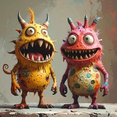 Two cartoon monsters with horns, big teeth, and silly expressions
