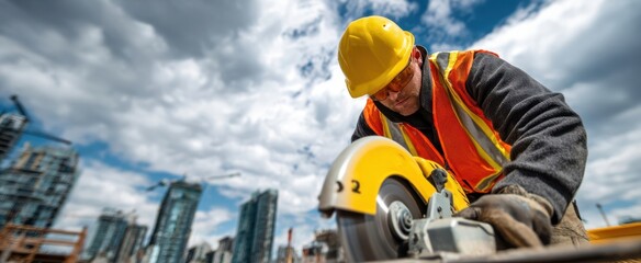 The Construction Worker Using a Circular Saw on an Urban Building Site