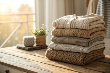 Neatly Folded Sweaters Stacked on a Wooden Table