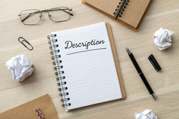 Notebook labeled description lying on wooden desk