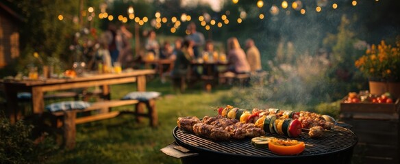 The Grill With Colorful Skewers and Roasted Vegetables at a Festive Backyard Dinner