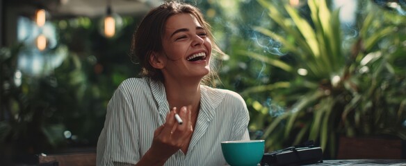 The smiling woman enjoying coffee and cigarette at a sunny outdoor cafe table
