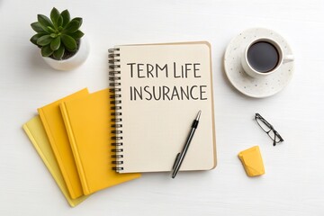 Notebook labeled Term Life Insurance on white desk