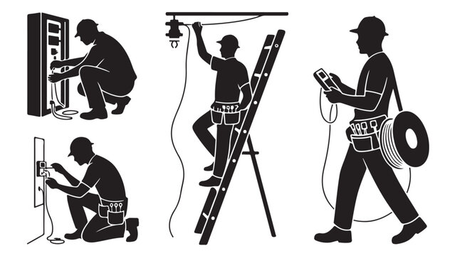Set of electrician silhouettes vector illustration of electrical worker repairing wiring isolated on white background
