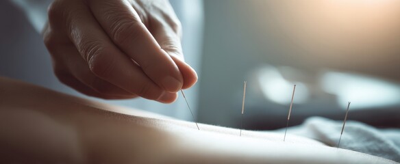 The acupuncture treatment session with needles being gently inserted into a patient