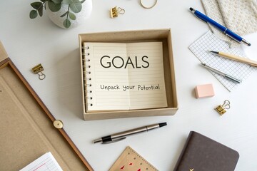 Open box with notebook and the word GOALS on white desk