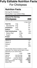 Chickpea nutrition facts label design with ingredient information
