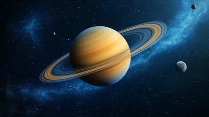 Saturn floating in the vastness of deep space, showcasing its majestic rings and orbiting moons. The scene captures the cosmic elegance of the gas giant, with intricate details on the planetary surfac